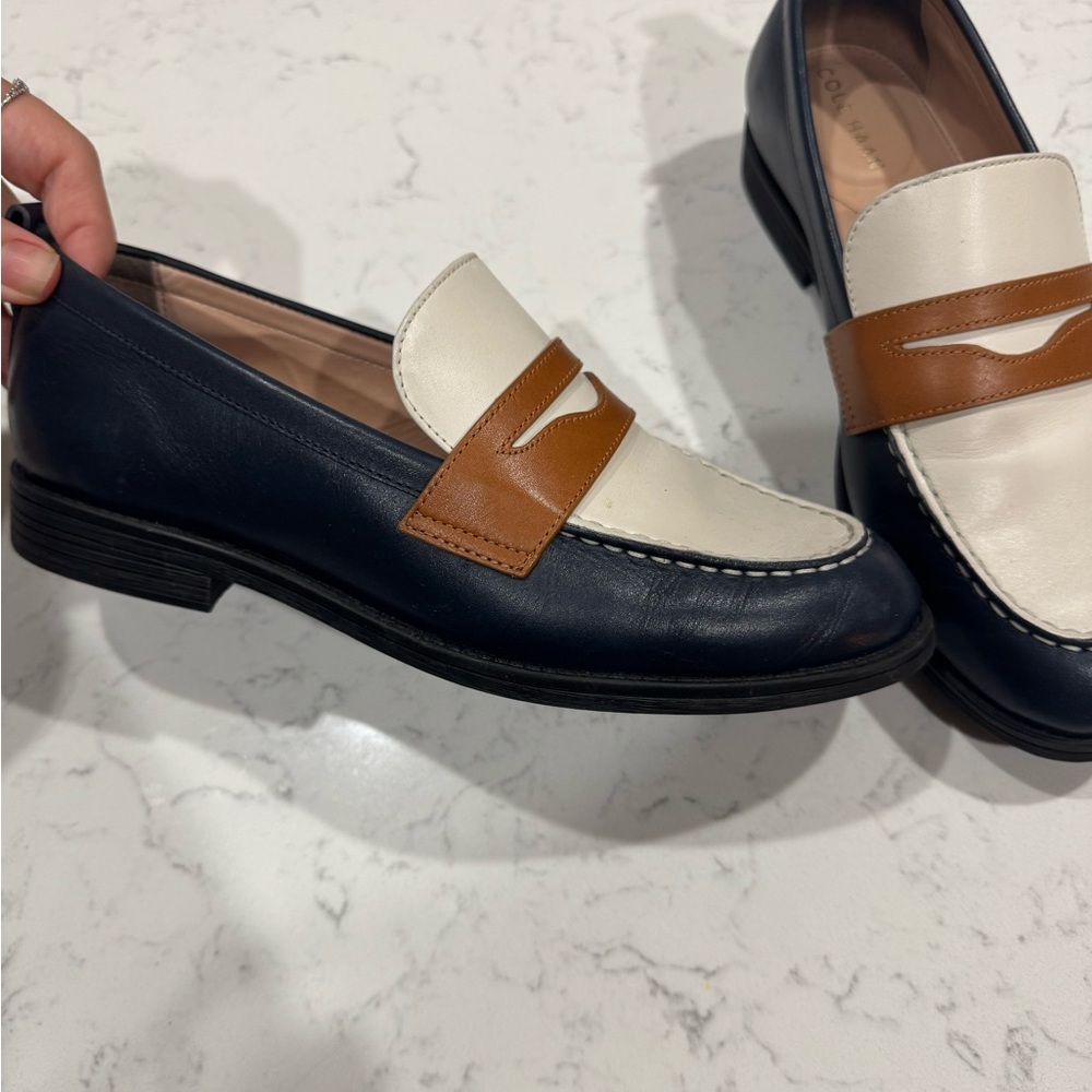 Women’s Two-Tone Leather Loafers in Navy, White & Tan - Picture 2 of 3